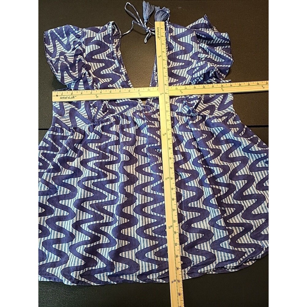 Oliphant Blue White Wave Stripe Flutter Sleeve Top Boho Coastal Tassel Tunic M - Picture 7 of 9